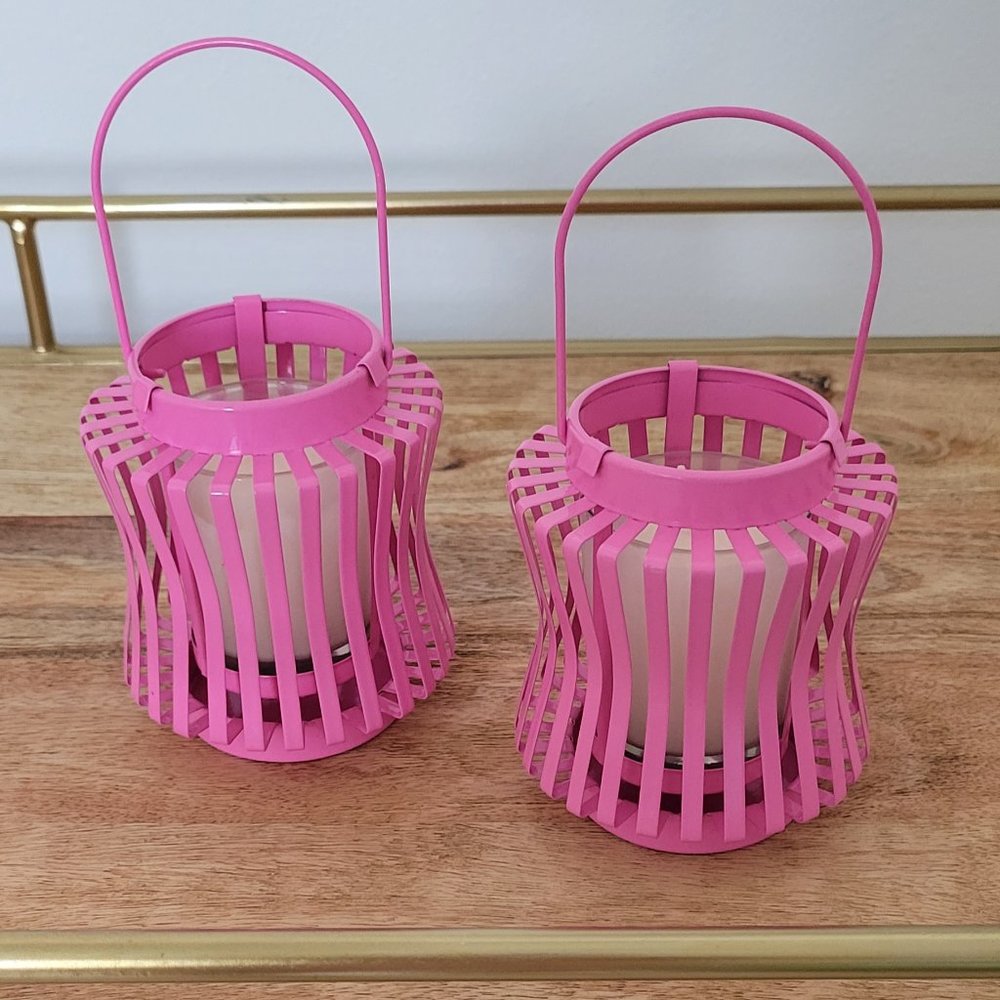 2 Pink Metal Votive Candles with Handle ~ Like New!